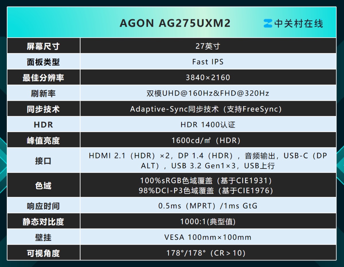AOC AG275UXM2 27英寸 4K 160Hz 产品主图